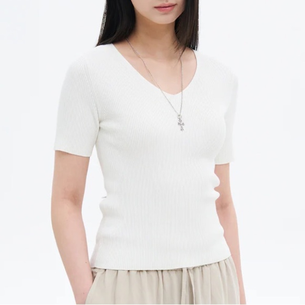 8seconds White Knit V Neck Top Short Sleeve Ribbed Shirt Size S